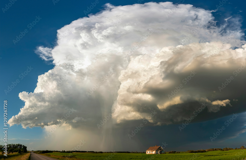 Imminent supercell storm looming over a farmhouse in the countryside