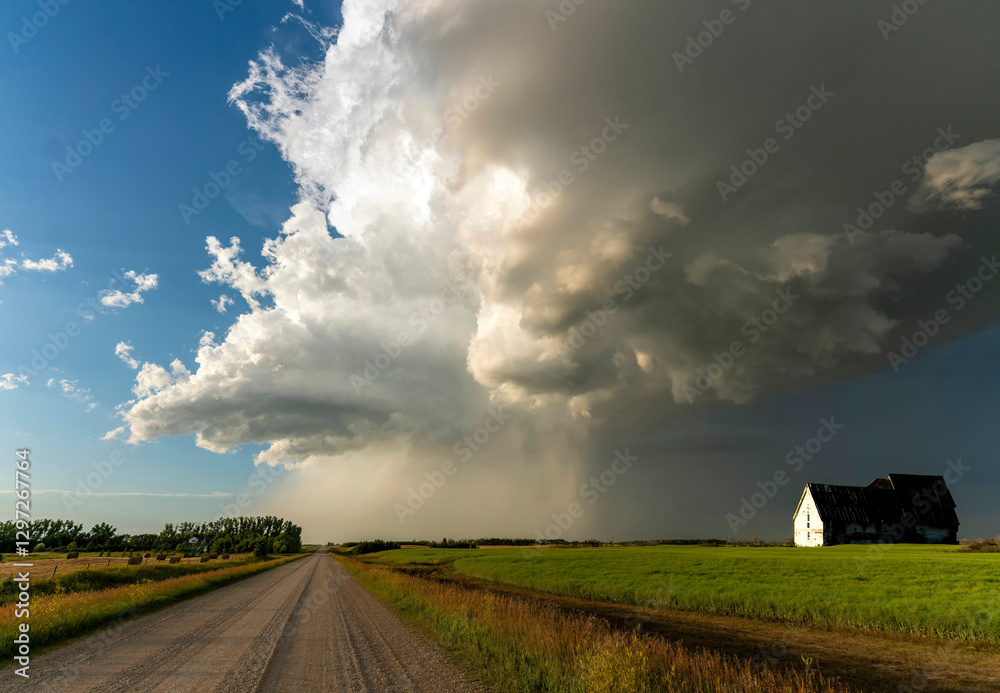 Ominous dark clouds forming over a rural landscape