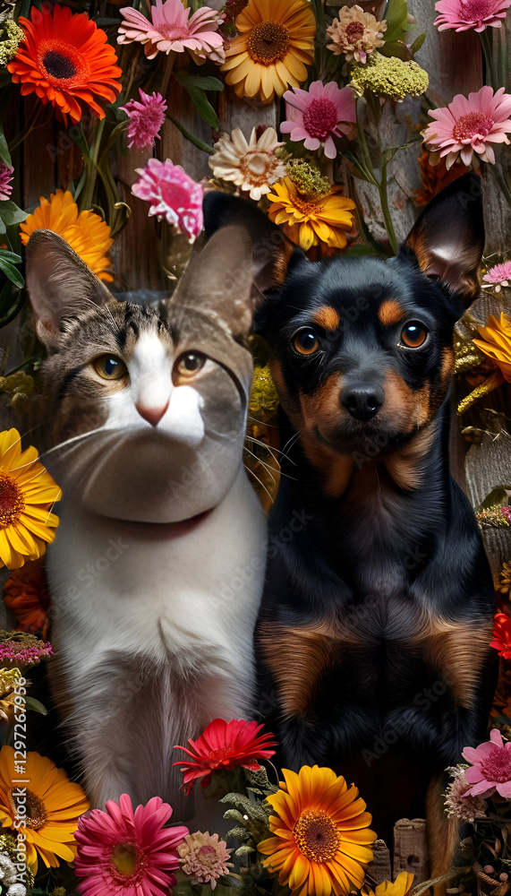 Fototapeta premium postcard cat and dog with flowers