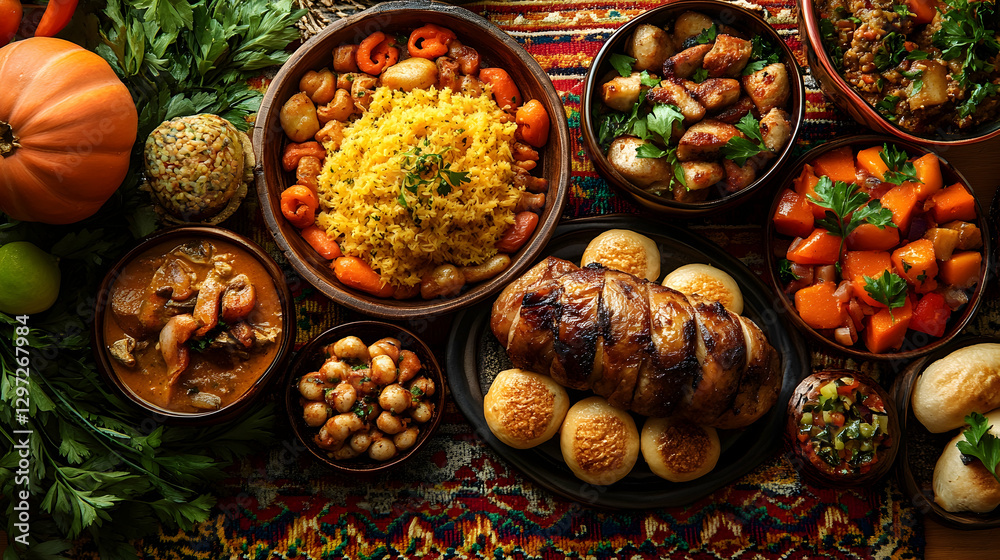 Fototapeta premium Autumnal feast Diverse dishes on ornate table