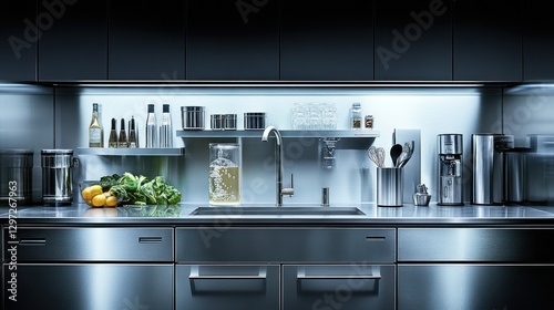 Modern kitchen sink with filtered water and vegetables, contemporary cabinetry