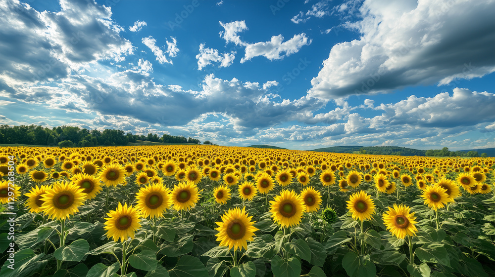 Obraz premium 真夏の輝き – 入道雲とひまわりの共演