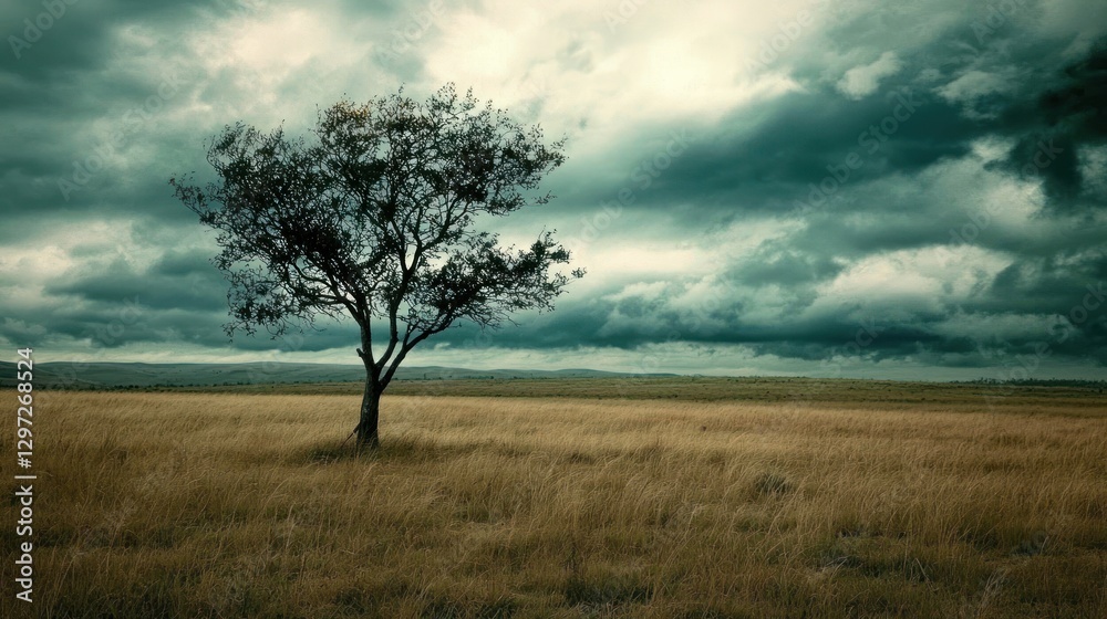 Lonely tree in a vast field under a dramatic stormy sky. Lonely tree in a vast field under a dramatic stormy sky.
