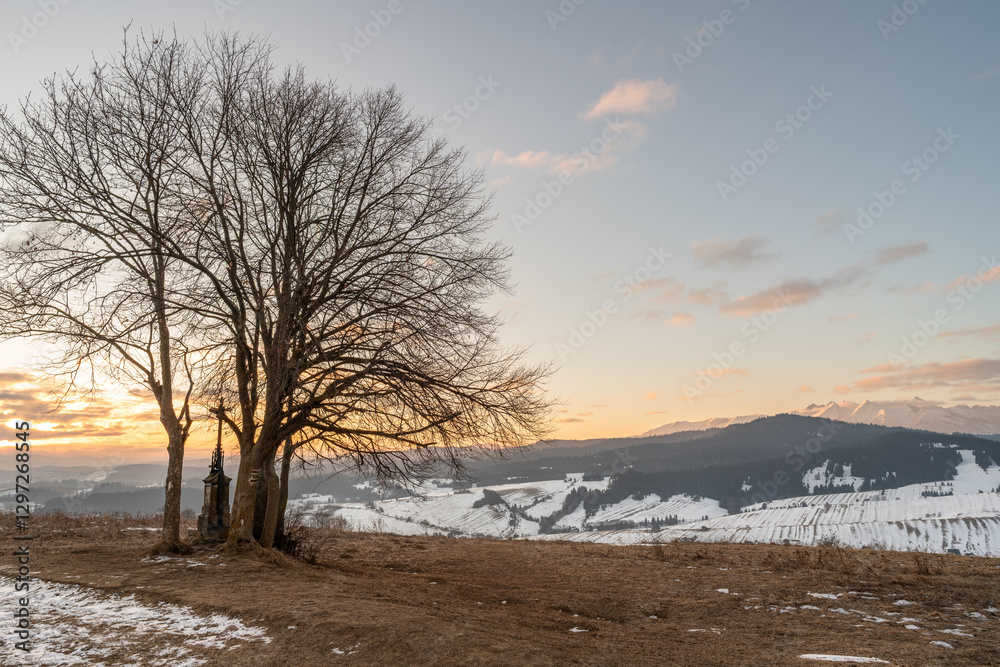 Stara kapliczka z krzyżem w Pieninach. Widok na ośnieżone Tatry Stara kapliczka z krzyżem w Pieninach. Widok na ośnieżone Tatry