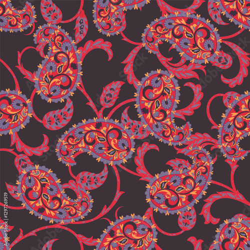 Digital vector textile print. Seamless Design for covers, fabrics, textiles, wrapping paper, featuring an antique Thai vector pattern Paisley Indian motifs and decorative floral elements