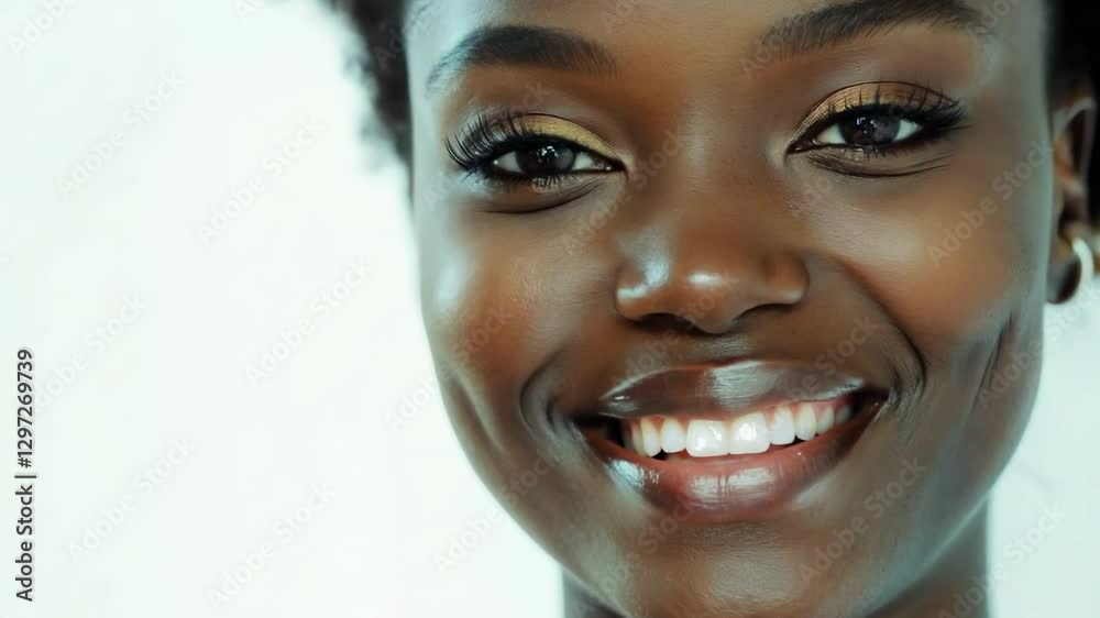 Close-up portrait of a dark-skinned woman with natural beauty, clear smooth skin, and a radiant complexion under studio lighting