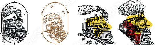 set of locomotive or train on railway in nature vector, engraving sketch ink poster black illustration etching style tattoo