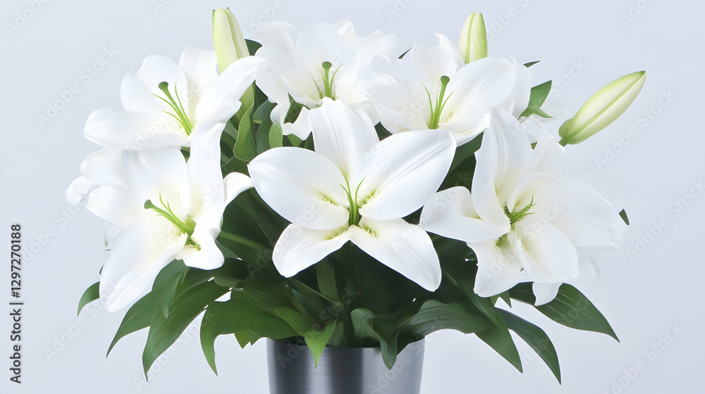 Obraz premium Elegant White Lilies Bouquet in Silver Vase, Studio Shot