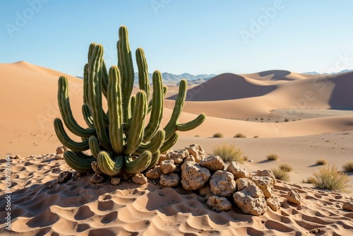 Tall cactus in a desert landscape with golden sand dunes and clear blue sky