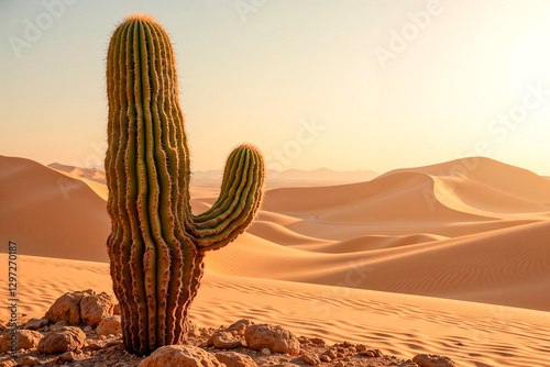  Cactus serenely standing against a desert backdrop with sand dunes