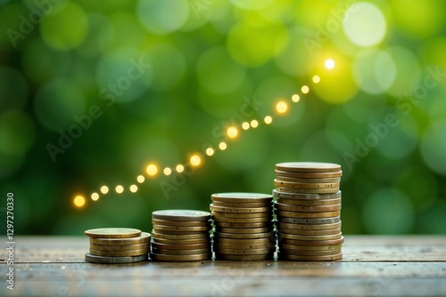 Stacks of coins with an upward investment growth trend line on a blurred green background