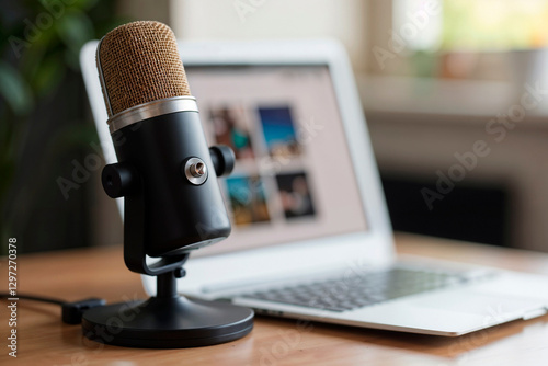 microphone on a desk next to a laptop displaying photos in a bright and modern workspace