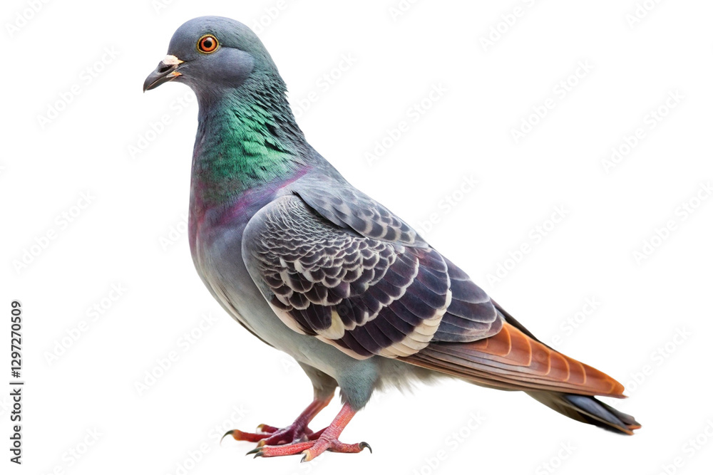 Side profile of a pigeon with colorful iridescent feathers and red eyes, standing elegantly. PNG format Side profile of a pigeon with colorful iridescent feathers and red eyes, standing elegantly. PNG format
