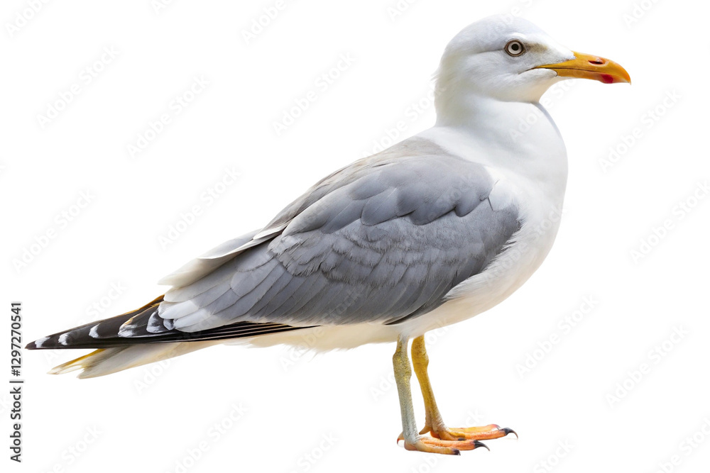 Elegant seagull with white and grey feathers, bright yellow beak, and sharp eyes. PNG format Elegant seagull with white and grey feathers, bright yellow beak, and sharp eyes. PNG format