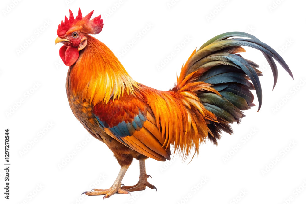 Vibrant rooster with a striking red comb, multicolored feathers, and long tail, standing proudly. PNG format Vibrant rooster with a striking red comb, multicolored feathers, and long tail, standing proudly. PNG format