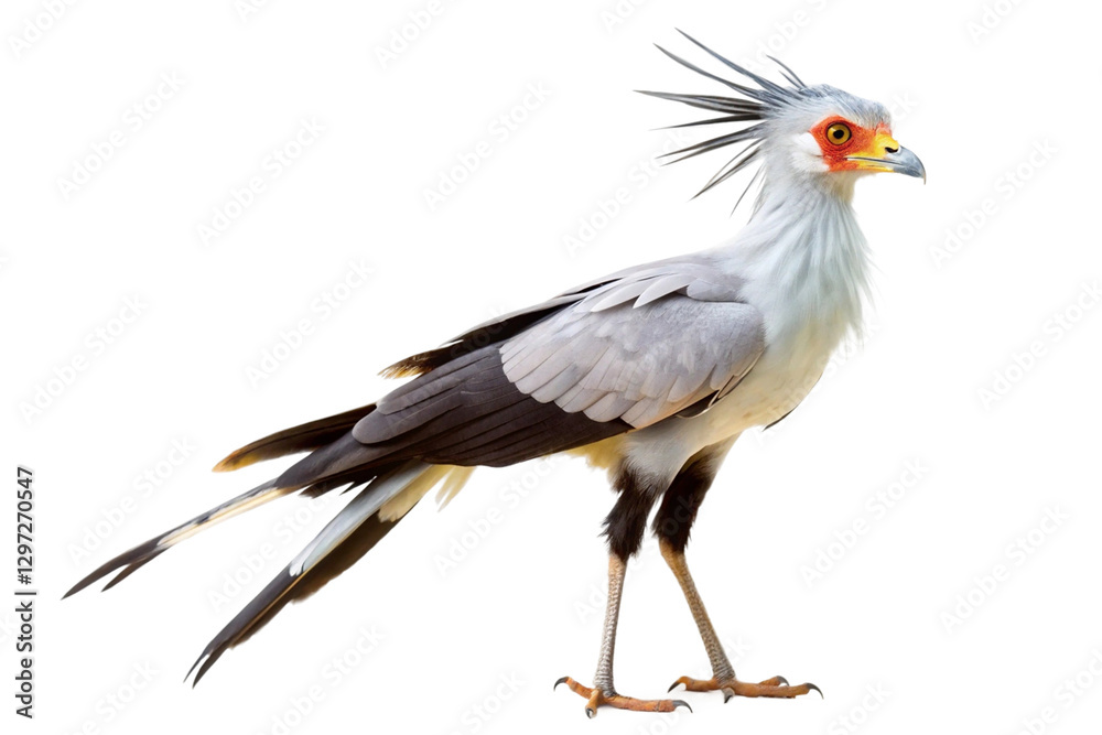 Majestic secretary bird with long legs and striking head feathers, standing tall. PNG format Majestic secretary bird with long legs and striking head feathers, standing tall. PNG format