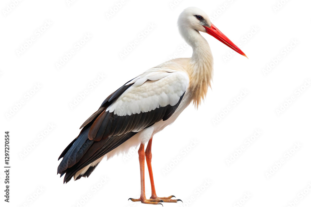 Graceful white stork with a long red beak and legs, standing elegantly. PNG format Graceful white stork with a long red beak and legs, standing elegantly. PNG format