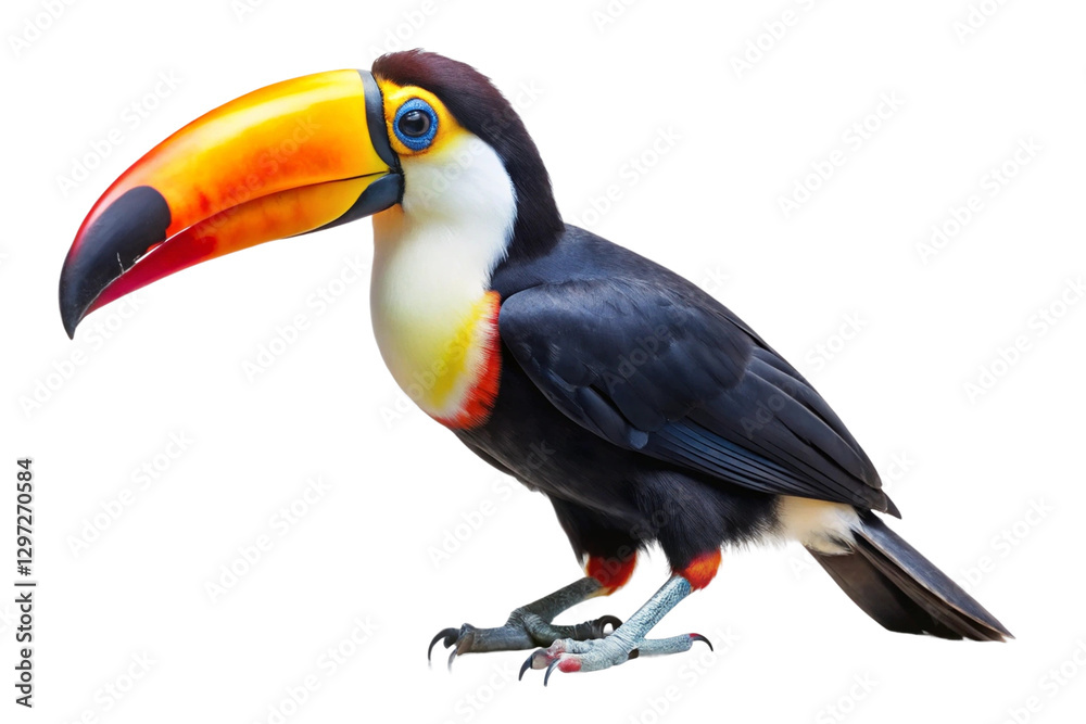 Vibrant toucan with a large colorful beak, perched. PNG format Vibrant toucan with a large colorful beak, perched. PNG format