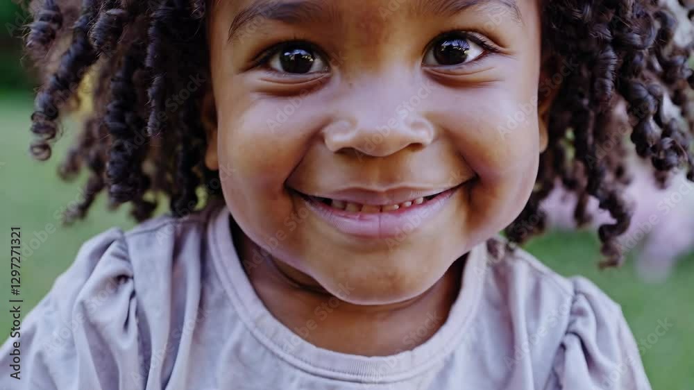 Close-up video of a joyful child with curly hair, smiling directly at the camera. The angle captures the face, highlighting expressive eyes and natural background.