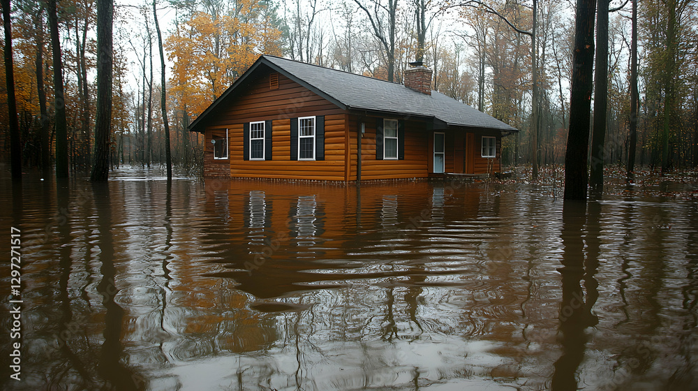 Flooded woodland cabin, autumnal landscape Flooded woodland cabin, autumnal landscape