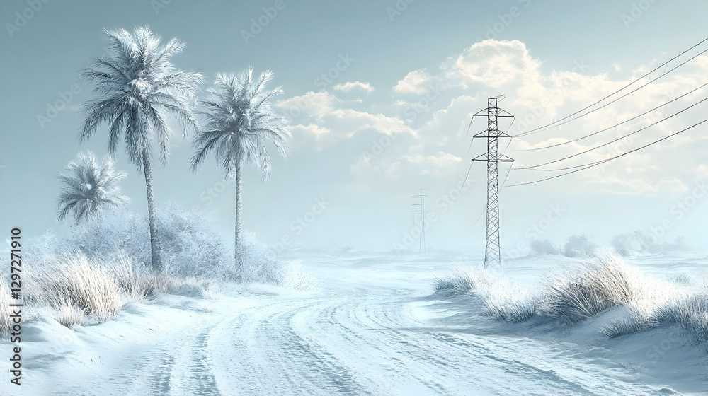 Obraz premium Frosty Desert Road Palm Trees, Power Lines, Winter Scene