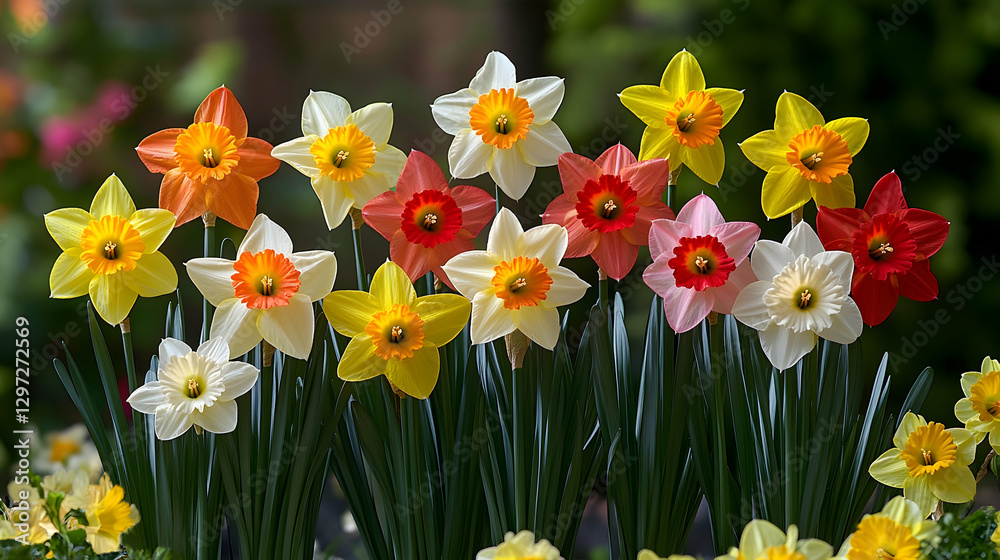 Colorful Daffodils Bloom in Spring Garden Colorful Daffodils Bloom in Spring Garden