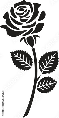 Elegant Black and White Silhouette of a Rose with Detailed Bloom and Leaves