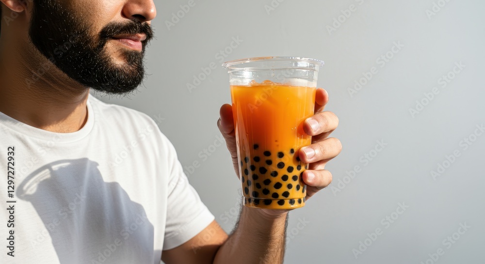 Man Enjoying a Refreshing Orange Bubble Tea on a Sunny Day Man Enjoying a Refreshing Orange Bubble Tea on a Sunny Day