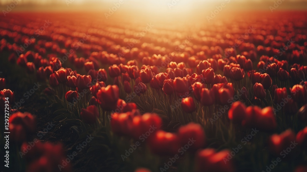 Fototapeta premium Vast Field of Vibrant Tulips Stretching Towards the Horizon at Sunset