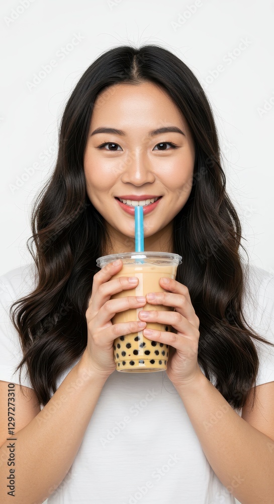 Smiling Woman Enjoying Boba Tea Smiling Woman Enjoying Boba Tea