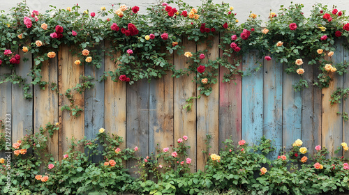 Colorful roses climbing rustic wooden fence