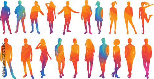 Colorful vector silhouettes men and women, illustration. Silhouettes of young people posing in fashionable clothes. EPS 10 version.