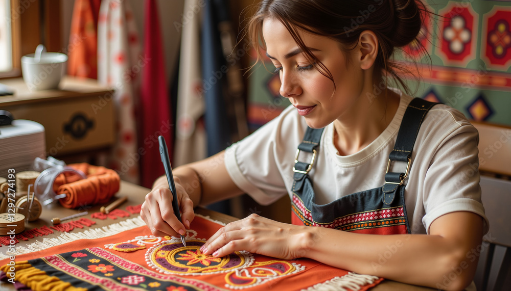 Fototapeta premium Artisan creating intricate embroidery on traditional textile