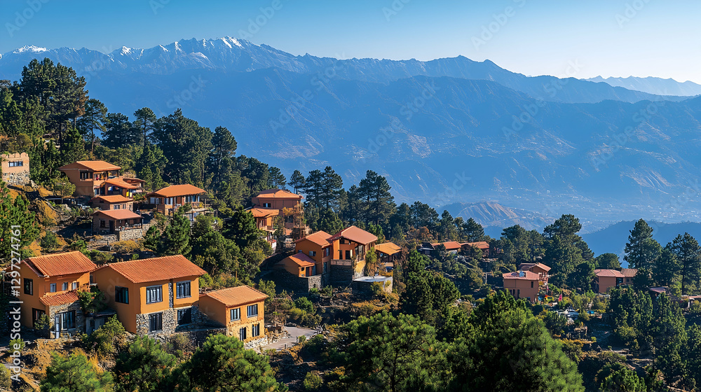 Obraz premium Hillside village homes, mountain panorama, sunny day