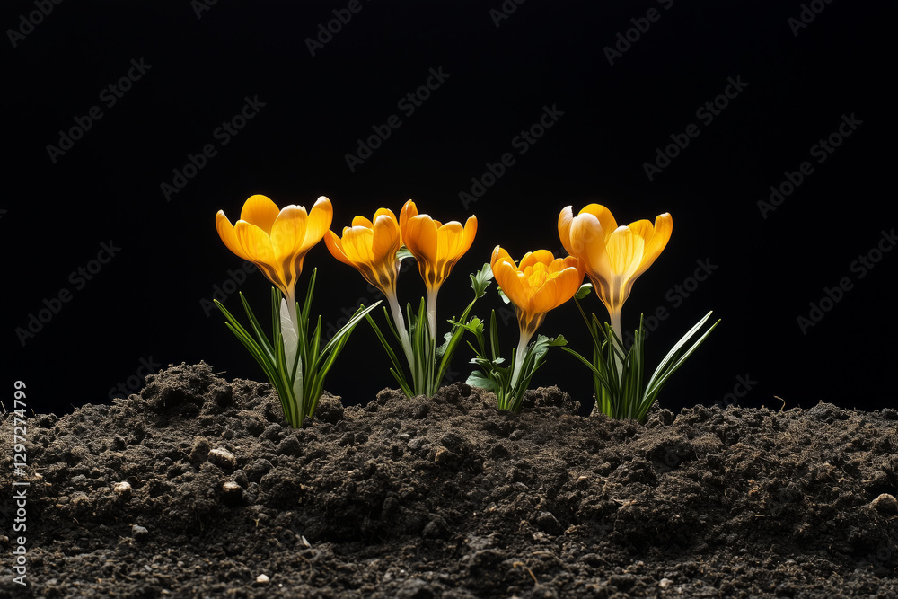 Obraz premium Crocus flowers burst through soil in a vivid display of spring beauty