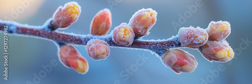 Frosted spring buds glistening in early morning light on a quiet branch photo