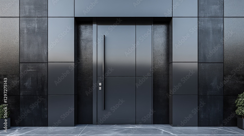 Charcoal gray modern steel door with high-gloss finish against black wall Charcoal gray modern steel door with high-gloss finish against black wall