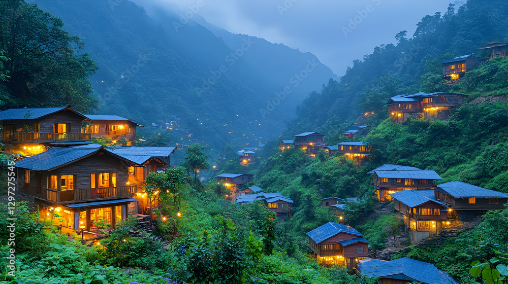 Fototapeta premium Illuminated mountain village at dusk, nestled in valley