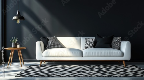 Modern, minimalist living room interior with white sofa and black accents. Sunlight streaming in through window. Use for home decor catalog or design inspiration photo