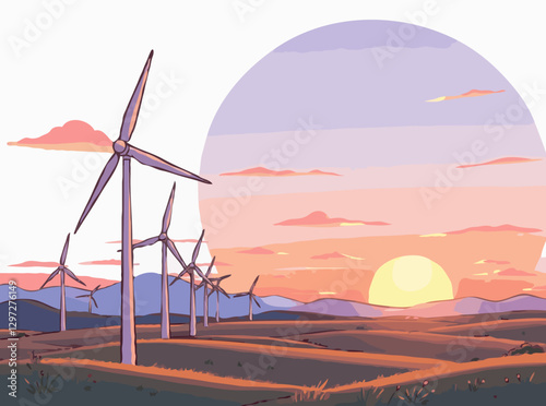 Wind Farm Landscape with Turbines at Sunset