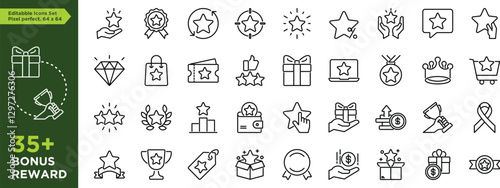 Editable set of bonus, benefits, offers and rewards stroke outline icons arranged separately on transparent background flat vector illustration. Perfect pixel size. 64 x 64
