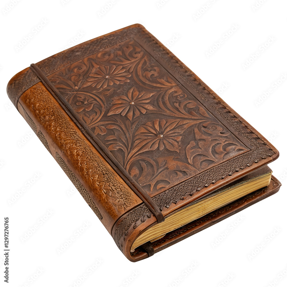 Obraz premium Old Leather Journal with Embossed Pattern, PNG with Transparent Background: Perfect for Writing, Vintage Stationery, Memories, Travel Notes, Antique Books, and Retro Aesthetic Concepts.