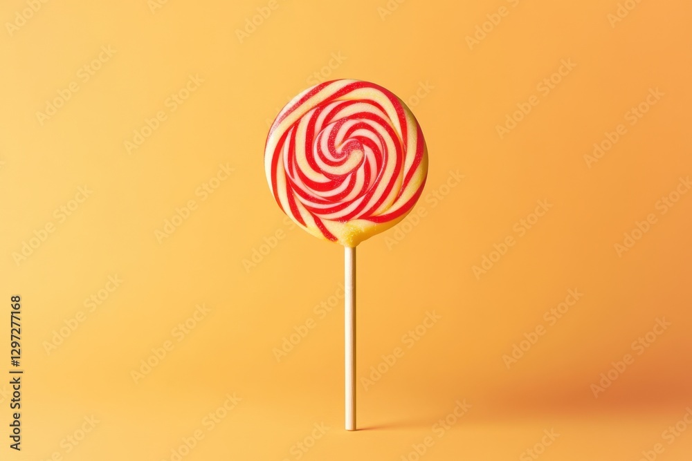 A Red and White Swirl Lollipop Candy Against Yellow Background A Red and White Swirl Lollipop Candy Against Yellow Background