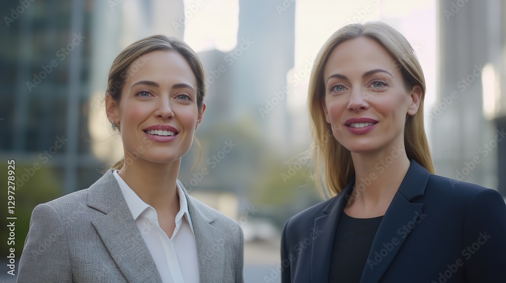 Obraz premium Young happy pretty smiling siblings professional businesswomen, happy confident positive females entrepreneurs standing outdoor on street, looking at camera 