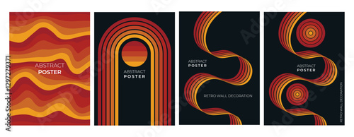 set of color gradient poster background vector. Set of retro 70s wall decoration, groovy, trippy, geometric shape. 