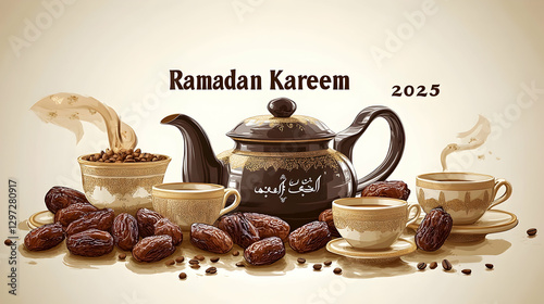 Ramadan 2025 Dates, Coffee, and Teapot Still Life photo