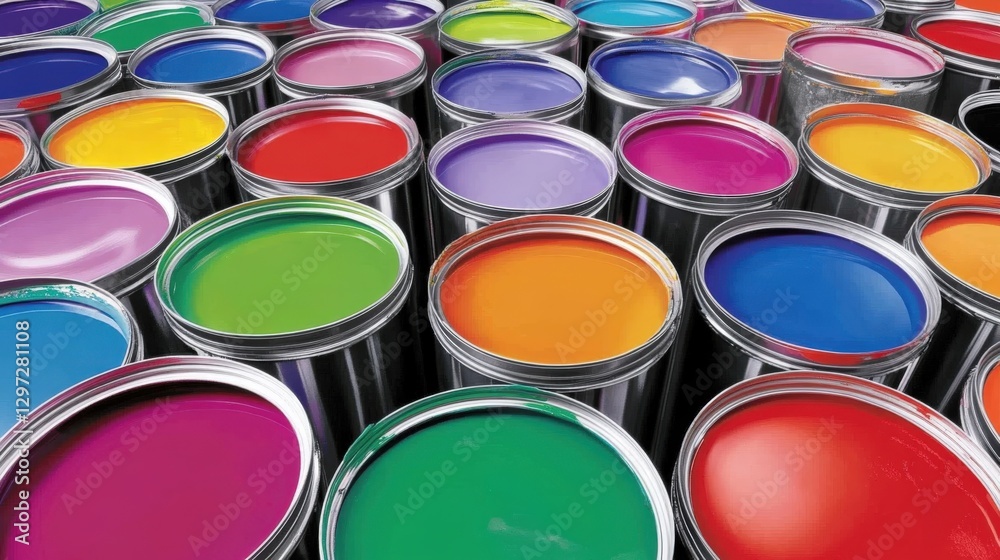Vibrant paint cans arranged in creative patterns showcase colors of inspiration Vibrant paint cans arranged in creative patterns showcase colors of inspiration