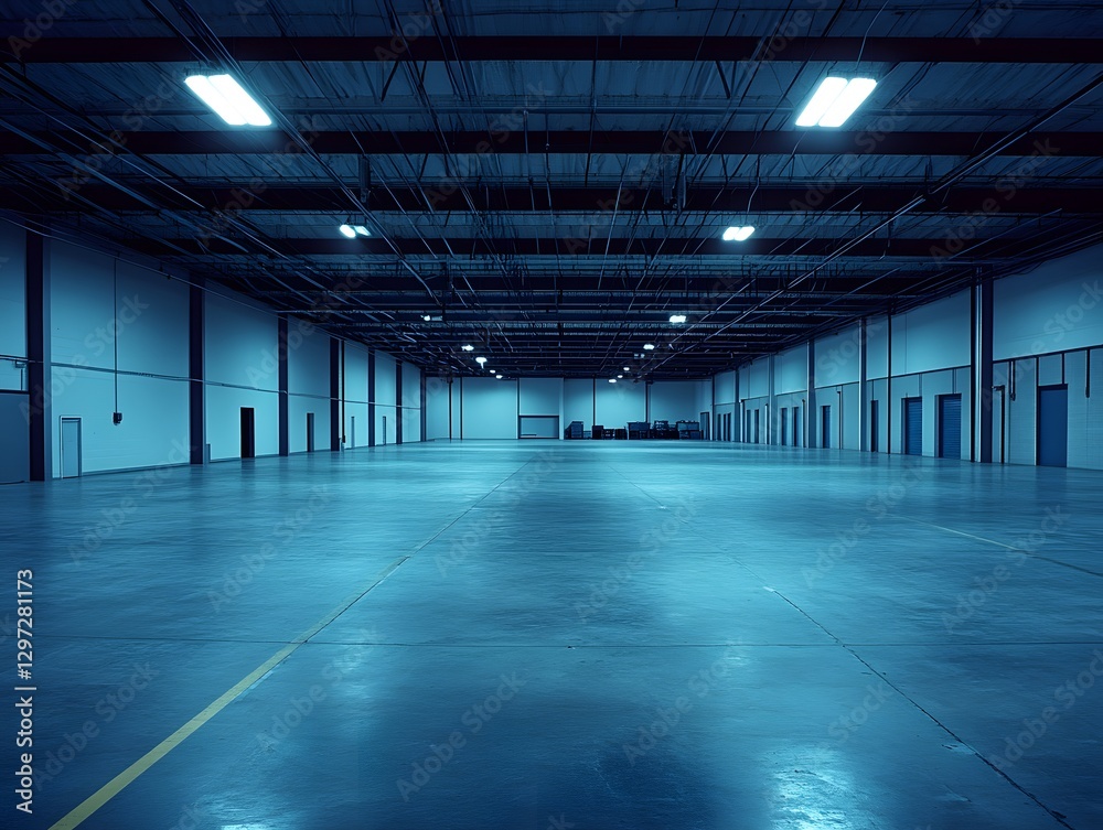 Warehouse: A large, empty industrial warehouse with a concrete floor and high ceilings, illuminated by overhead fluorescent lights. Warehouse: A large, empty industrial warehouse with a concrete floor and high ceilings, illuminated by overhead fluorescent lights.
