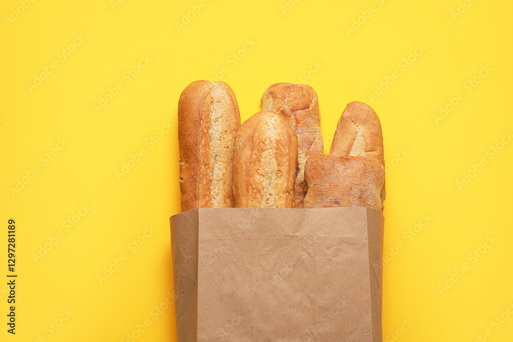 Fototapeta premium Paper bag with fresh baguettes and ciabatta on yellow background, top view