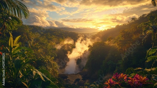Tropical sunset over lush jungle valley with steam rising from geothermal activity.